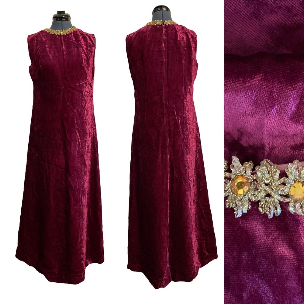 VTG Purple Velvet Sleeveless Gold Rhinestone Maxi Dress Royalcore Regency Glam L